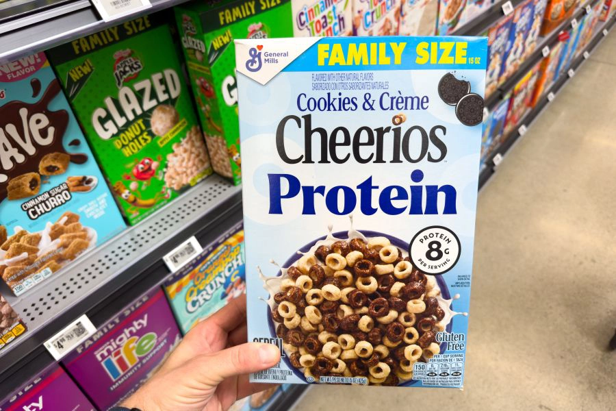 Cheerios Protein Cookies & Crème Cereal Box on Store Shelf